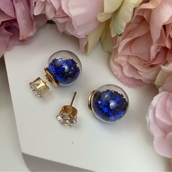 Double Stud Blue Star Confetti Crystal Earrings - Picture 10 of 16